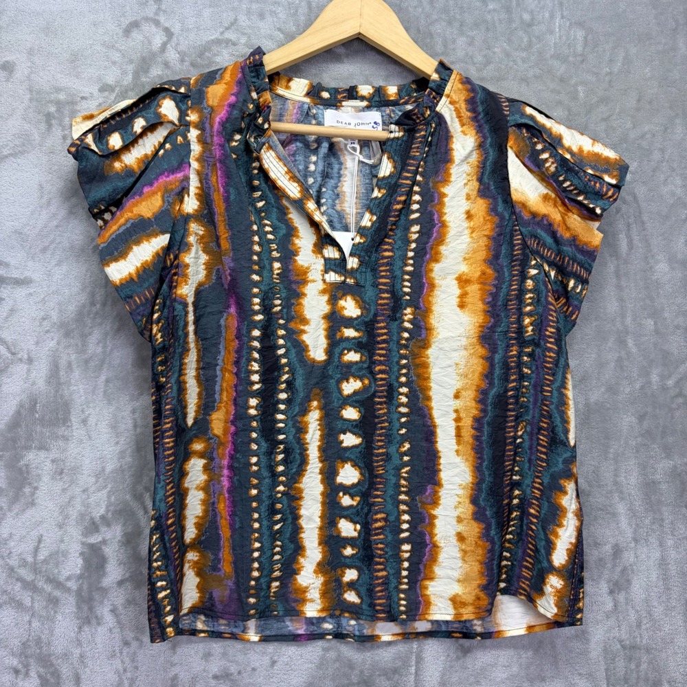 Dear John Abstract Ikat Print Flutter Sleeve Blouse XS‎ NWT Boho Teal Mustard